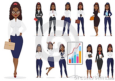 African american black businesswoman lady character different poses design set. Vector cartoon female design. Vector Illustration