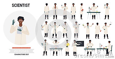 African american black scientist man poses set Vector Illustration