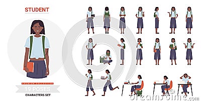 African american black student woman poses set Vector Illustration