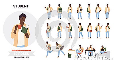 African american black student young man poses infographic set Vector Illustration