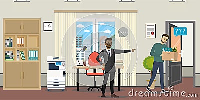 African american boss fired office worker. Sad jobless guy holds box with things. Staff reduction, dismissal of employees. Unhappy Vector Illustration