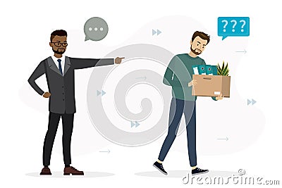 African american boss fired office worker. Sad jobless guy holds box with things. Staff reduction, dismissal of employees. Unhappy Vector Illustration