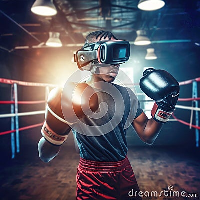 An African-American boxer in 3D virtual reality glasses is engaged in boxing. Modern technology concept. Generative AI Stock Photo