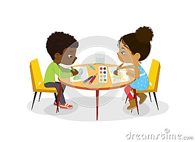 African American Boy and Girl sit at the round table and draw picture with watercolor and pencils. Drawing activity in Vector Illustration