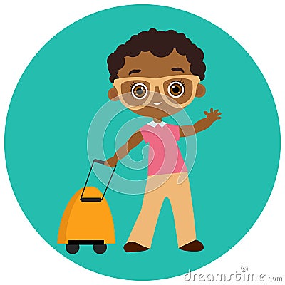 African American boy with glasses and packsack travel. Travelling with the knapsack. Vector illustration eps 10 isolated on white Cartoon Illustration