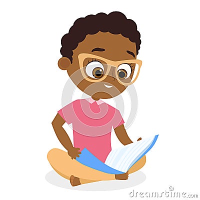African American boy with glasses. Young boy reading a book sitting on the floor. Vector illustration eps 10. Flat cartoon style. Cartoon Illustration