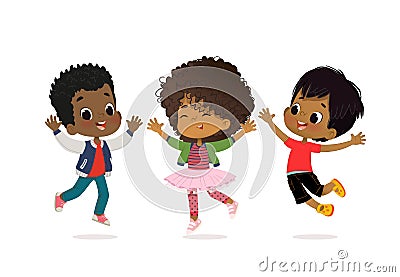African American Boys and girls are playing together happily. Kids Play at the grass. Children Holding hands and jumping Vector Illustration