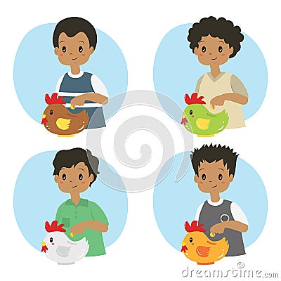 Boys Saving Money in a Rooster Coin Bank Vector Set Vector Illustration