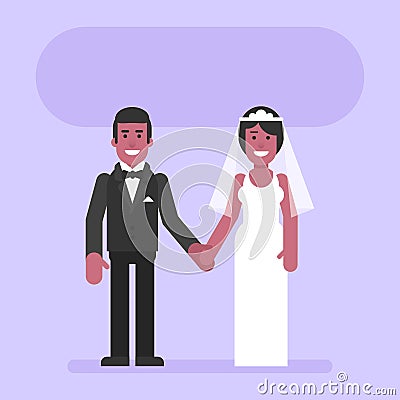 African American bride and groom hold hands and smile. Flat people Vector Illustration