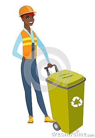 African-american builder pushing recycle bin. Vector Illustration