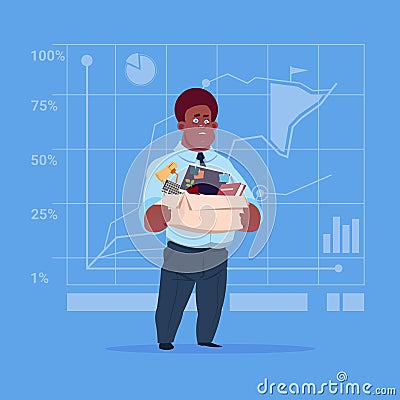 African American Business Man Hold Box With Office Stuff Search For Job Position Vacancy Unemployment Concept Vector Illustration