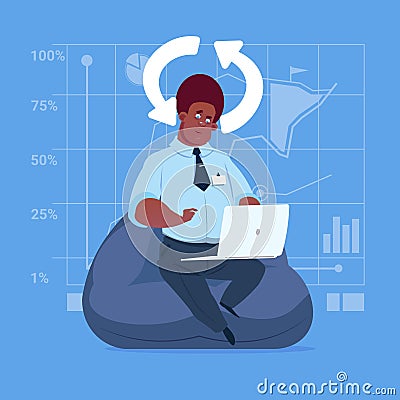 African American Business Man Use Laptop Computer Updating Software Applications Media Social Network Communication Vector Illustration