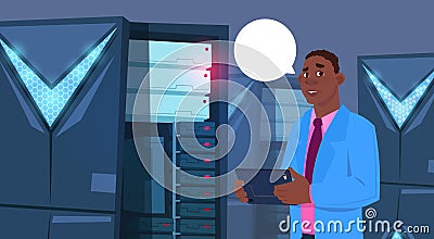 African American Business Man Working On Digital Tablet In Modern Database Center Or Server Room Businessman Engeneer Vector Illustration