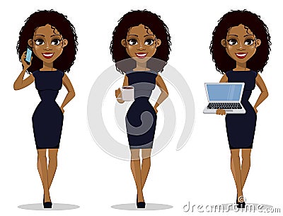 African American business woman cartoon character, set. Vector Illustration