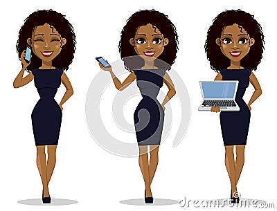 African American business woman cartoon character, set. Vector Illustration