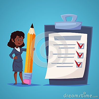 African American Business Woman with Giant check list of things to be checked, items required, things to be done, office schedule Cartoon Illustration