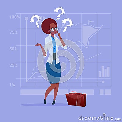 African American Business Woman With Question Mark Pondering Problem Concept Vector Illustration