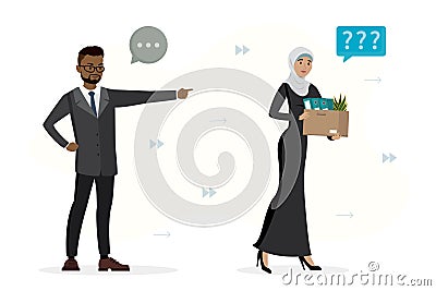 African american businessman boss fires muslim female employee. Reduction of number of staff, dismissal of employees. Sad jobless Vector Illustration