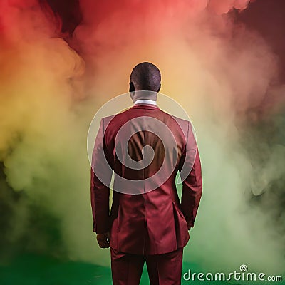 African American Businessman in a Suit Surrounded by Red, Yellow, and Green Abstract Background Stock Photo