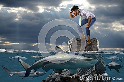 African American Businessman Surrounded by Sharks Stock Photo