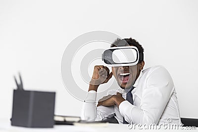 African American businessman in vr, scared Stock Photo