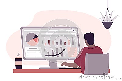 African american businessman at workplace. Black male analyzes graphs and charts. Professional employee developing business Vector Illustration