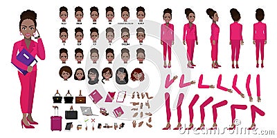 African American Businesswoman cartoon character creation set with various views, hairstyles, face emotions vector Vector Illustration