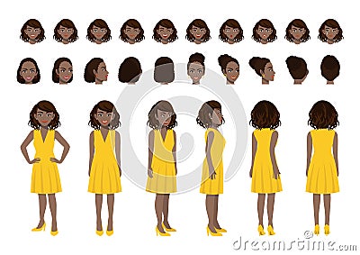 African American Businesswoman cartoon character head set and animation design. Front, side, back, 3-4 view Vector Illustration