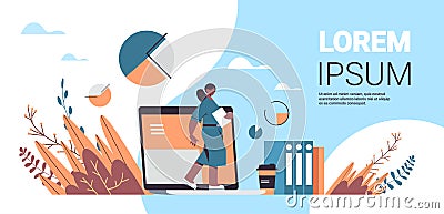 African american businesswoman with folder coming out laptop screen digital detox concept full length Vector Illustration