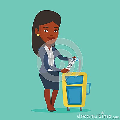 African-american businesswoman showing luggage tag Vector Illustration