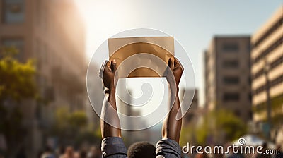 African American carries a blank banner in a street protest, banner, copy space Stock Photo