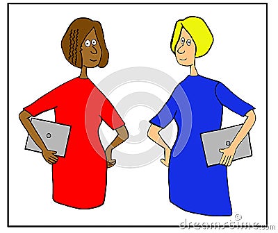 Two women carry laptops to meeting Stock Photo