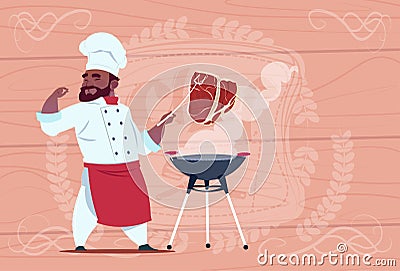 African American Chef Cook Grill Meat On Bbq Cartoon Restaurant Chief In White Uniform Over Wooden Textured Background Vector Illustration