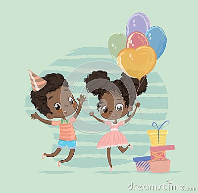 African American Child Birthday Party Character Holding Balloon. Cute Happy Baby Boy and Girl Jump at Present Box Vector Illustration