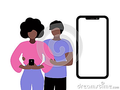 African-American couple looking at the phone, choosing something together Stock Photo