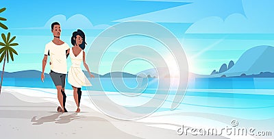 African american couple in love man woman embracing on tropical island sea beach sunrise seascape summer vacation Vector Illustration