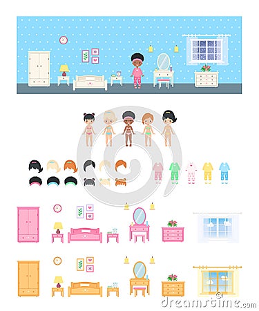 African american cute chibi girl dressed in pajamas in bedroom. Create your interior Vector Illustration