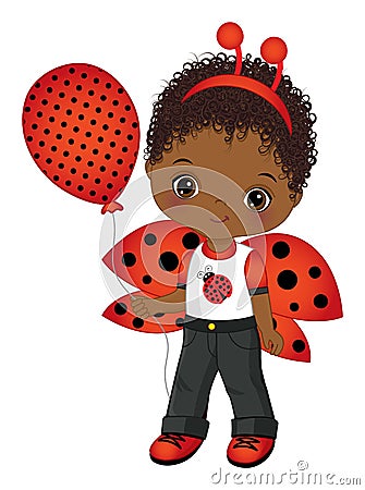 Cute Black Little Boy with Ladybug Antenna Vector Illustration