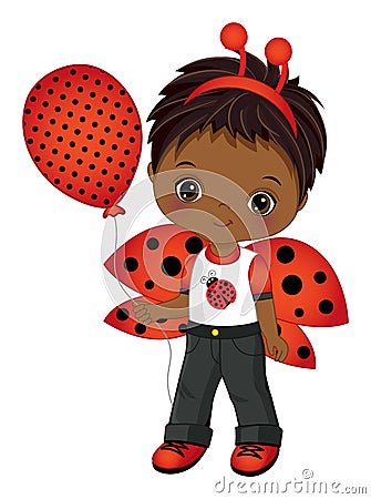 Cute Black Little Boy with Ladybug Antenna Vector Illustration