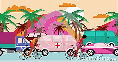 African American cyclists are riding bicycles past by traffic jam on the beach road with palms. Cartoon , flat design Cartoon Illustration