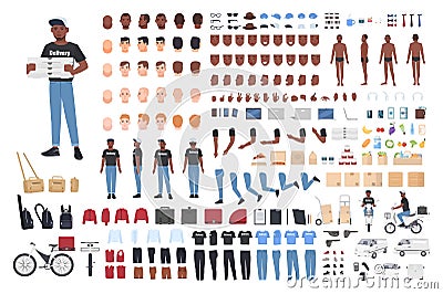 African American delivery boy constructor. Collection of male character body parts in different postures, uniform Vector Illustration