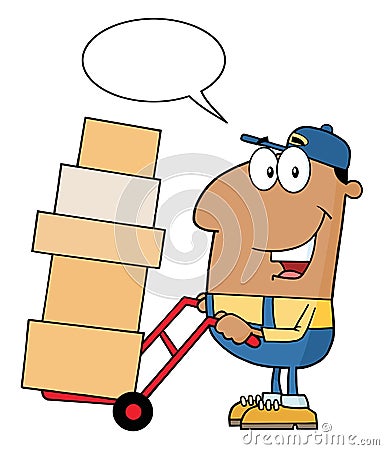 African American Delivery Man Cartoon Character Using A Dolly To Move Boxes With Speech Bubble Vector Illustration