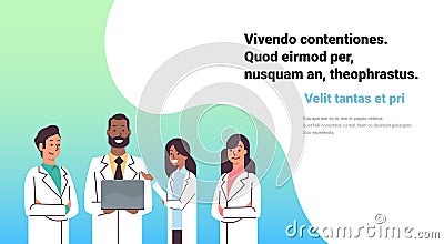 African american doctor hold laptop computer online consultation mix race pharmacists team medical clinics worker Vector Illustration