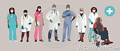 African American Doctor and Nurse Wearing Face Mask and Medical Gloves. Medical people profession modern vector flat Vector Illustration