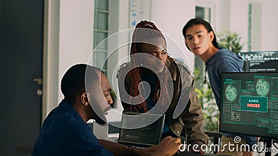 African american engineers programming code encountering system error Stock Photo