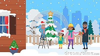 African american family decorate christmas tree at backyard winter holidays Vector Illustration