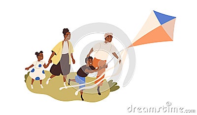 African-American family with kids fly kite together. Mom, dad, children during outdoor leisure, entertainment on summer Vector Illustration