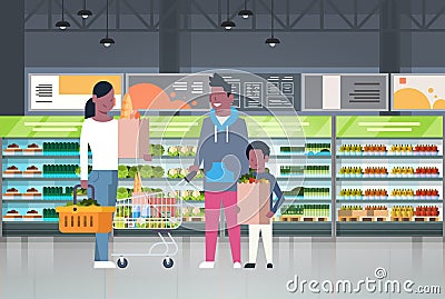 African American Family Shopping At Supermarket And Buying Products Over Shelves At Grocery Consumerism Concept Vector Illustration