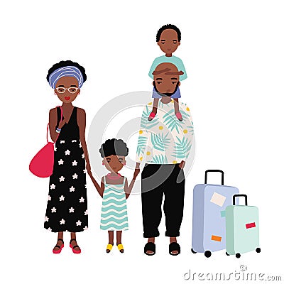 African American family on vacation. Mother, father and children traveling together. Man, woman and kids travelers with Vector Illustration
