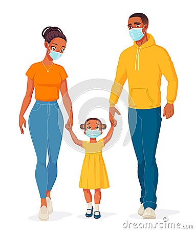 African American family wearing masks to protect from Covid-19. Vector illustration. Vector Illustration